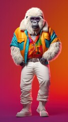 Stylish White Gorilla in Retro 90s Fashion, Fun and Quirky Anthropomorphic Portrait