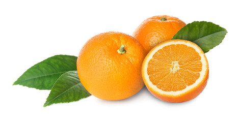 Fresh ripe oranges and green leaves on white background. Citrus fruit
