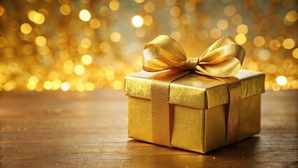 Gold gift box with bow on table