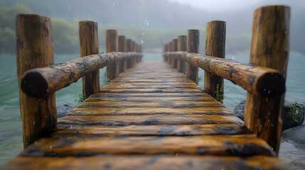 Fototapeta premium Rainy Day on the Wooden Bridge - A Realistic 3D Illustration