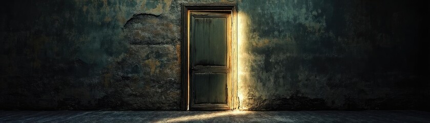 A mysterious door slightly ajar, casting warm light in a dark, dusty room. An invitation to explore the unknown awaits.