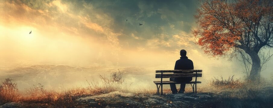 A serene landscape featuring a solitary figure on a bench, gazing at a beautiful sunset over a tranquil horizon.