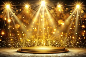 Gold stage scene with spotlight, beam effects, decorations, and bokeh panoramic view
