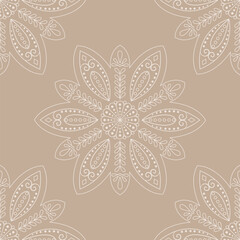 Gentle white lace snowflakes seamless pattern on retro beige background. Use for invitations, card template, greeting, winter holidays packaging, textile