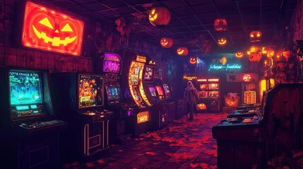 Spooky arcade filled with glowing pumpkins, vintage slots, and autumn leaves, creating a festive Halloween atmosphere.