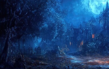 A mysterious night scene featuring a haunted carriage in a dark forest under a full moon, evoking an eerie atmosphere.