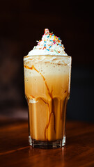 Plano detalle de un refrescante y verdaderamente delicioso frappé caramelo