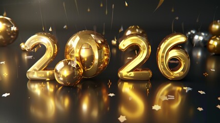 A festive golden 3D 2026 design with shimmering spheres and confetti on a glossy dark surface. Ideal for New Year