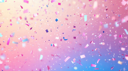 Colorful confetti falling against soft pink and blue background