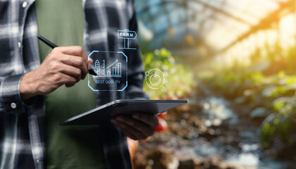 representing the quality check of farm produce featuring a magnifying glass inspecting fruits or vegetables with checkmark indicating approval symbolizing quality assurance and inspection agriculture