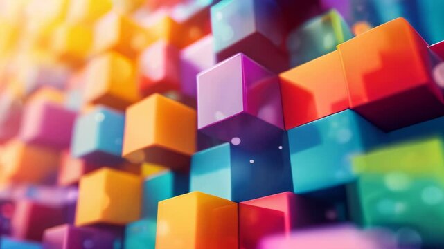Vibrant multicolored cubes with a sparkling bokeh effect, conceptual abstract background.