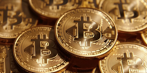Close-Up of Shiny Gold Bitcoin Coins Piled Together, Symbolizing Cryptocurrency Wealth