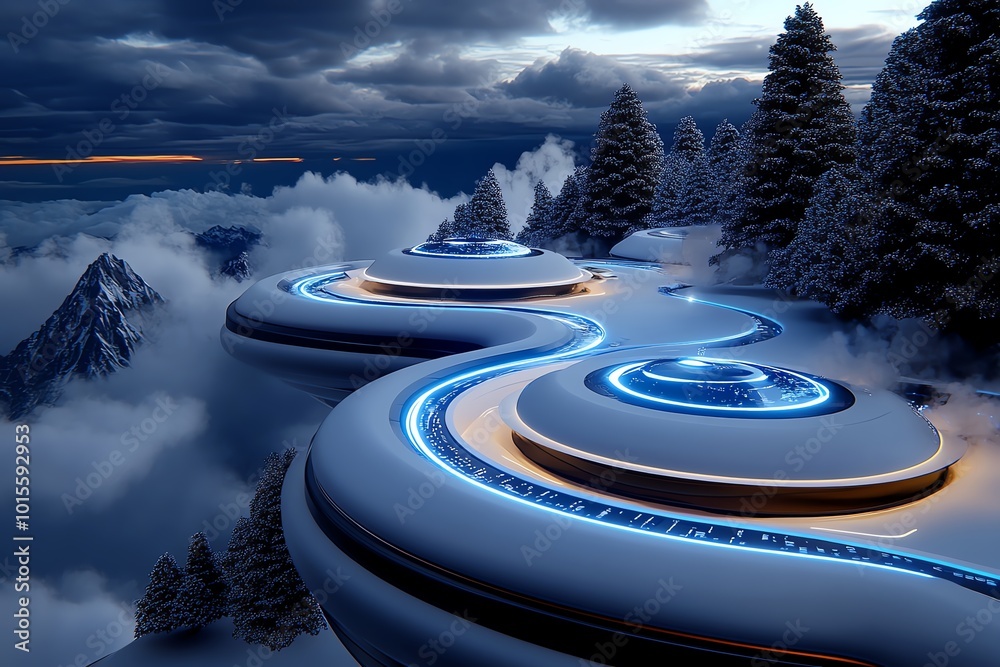 Poster futuristic floating city in a fantasy world, with advanced technology creating harmony between natur