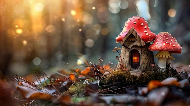 A tiny mushroom-shaped house stands amidst dense forest foliage, blending seamlessly with its natural surroundings.