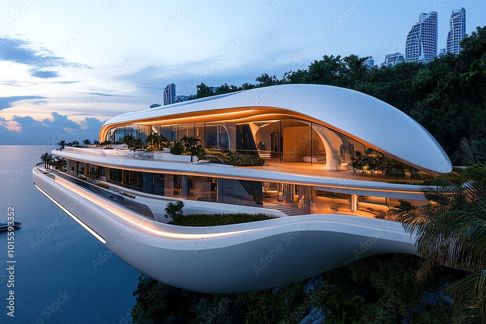 Poster futuristic floating city in a fantasy world, with advanced technology creating harmony between natur