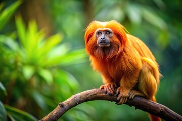 Golden lion tamarin sitting on a branch in the forest, wildlife high angle view