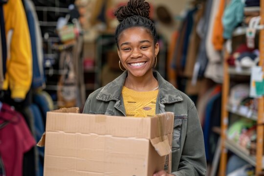 Cheerful young woman holding a box of donated items in a thrift store