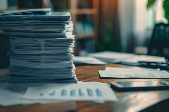 Collection of business analytics charts and graphs stacked on each other on paper on desk in office