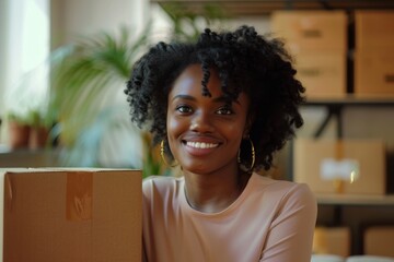 Happy young black female Handling shipping and logistics in startup company office