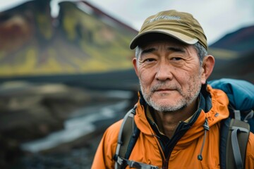 Portrait of a middle aged adult man hiking in Volcanic Landscapes in Iceland