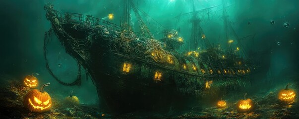 A mysterious sunken ship adorned with glowing pumpkins, surrounded by an eerie underwater scene, perfect for Halloween-themed designs.