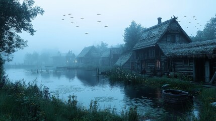 Fototapeta premium Misty Morning in a Quaint Village by the Water