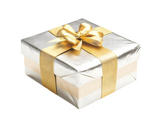 Obraz premium Elegant gift box with a golden ribbon, perfect for any occasion. Isolated on a white background.