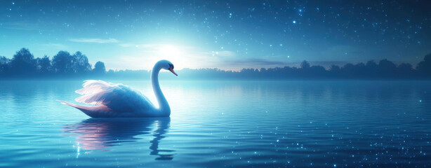 Swan gliding on a serene lake under a starry night sky.