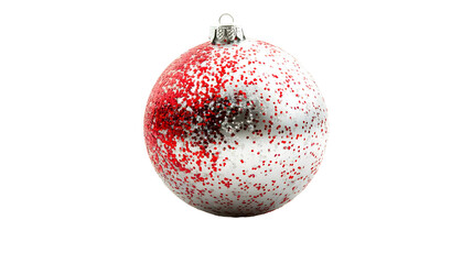 A festive red and white Christmas ornament adorned with sparkling glitter, perfect for holiday decorations.