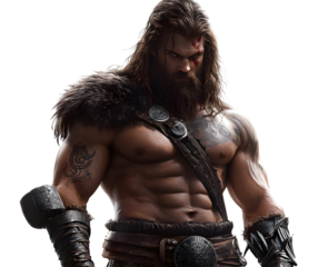 A muscular warrior character with long hair and tattoos, featuring a fierce expression and wearing fur and armor.