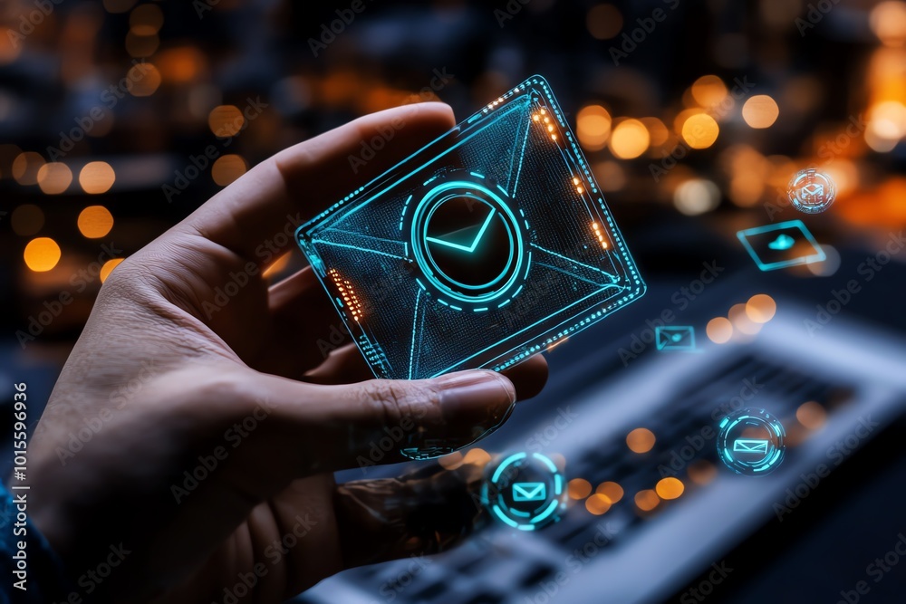 Aufkleber Futuristic phishing email attack, with holographic emails and digital traps floating in a high-tech environment as users try to navigate through the virtual world
