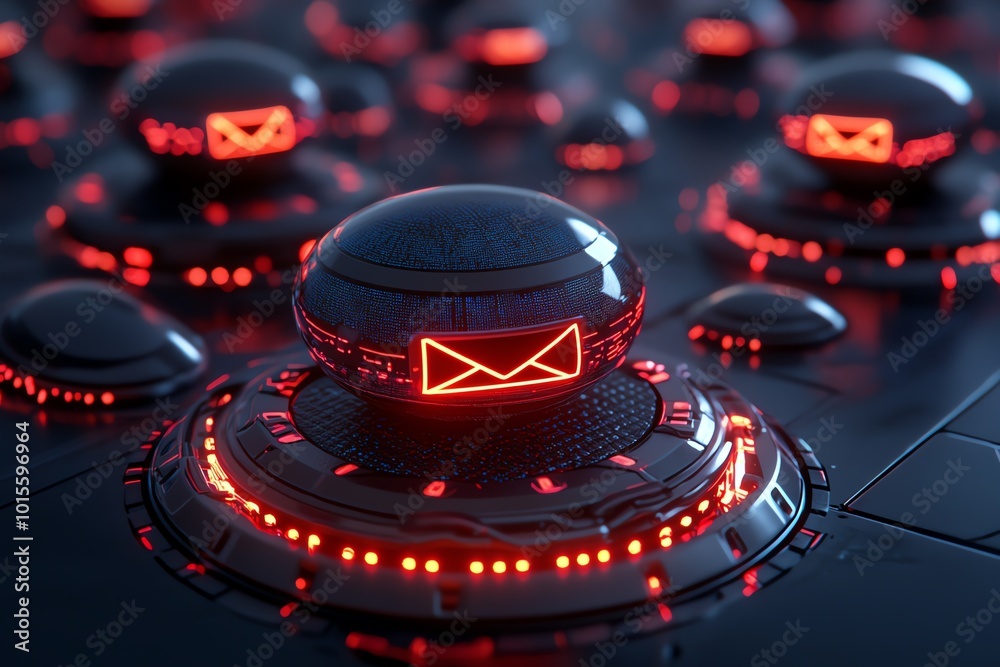 Aufkleber Futuristic phishing email attack, with holographic emails and digital traps floating in a high-tech environment as users try to navigate through the virtual world