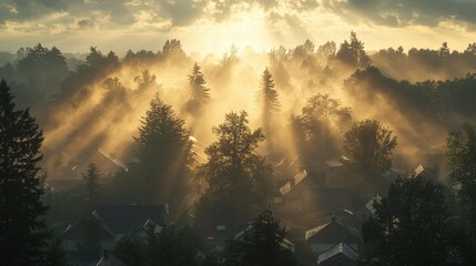 Naklejka premium Sunrise Rays Illuminate Misty Village in Trees