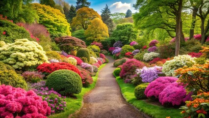 Obraz premium Gorgeous colors of azaleas, rhododendrons, flowers, bushes, pathway, garden, spring