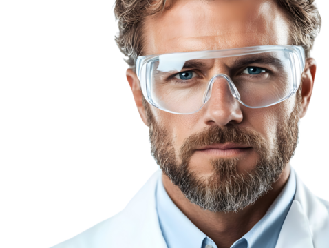 Confident male scientist in a lab coat and glasses, portrait with a serious expression, isolated on white background.