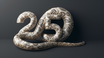 Obraz premium A creative 3D render of a snake artistically coiled to form the number 25 against a dark background, showcasing detailed scales and smooth curves. Great for symbolic or thematic use.