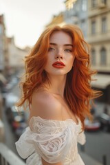 Fototapeta premium Red-Haired Woman in Sunlight - Elegant Fashion Portrait in Prague Streets