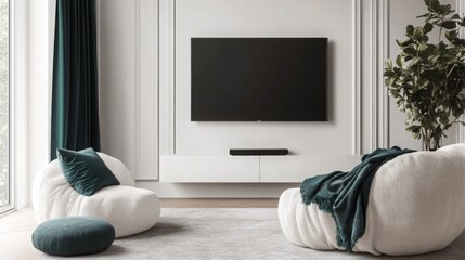 This elegant living room features two bean bag chairs in soft fabric, a large flat-screen TV mounted on the wall, and light curtains