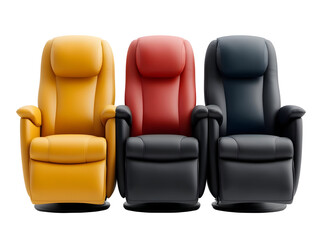 Fototapeta premium Three stylish recliners in vibrant colors, perfect for modern living spaces, featuring yellow, red, and black designs.