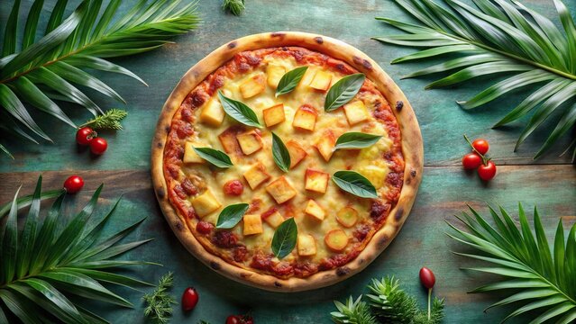 Gourmet pizza with pineapple on a tropical themed background