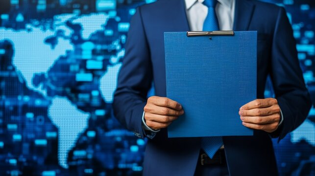 A businessman in a suit holds a blank blue clipboard in front of a digital world map background.