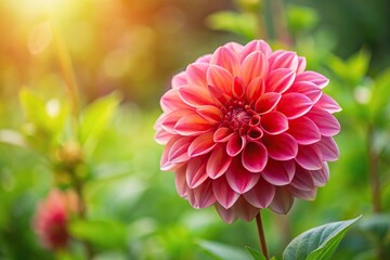 Graceful dahlia flower in lush greenery with soft red and pink blossoms silhouette