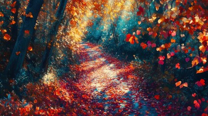 A pathway covered in crisp, fallen autumn leaves in rich colors, winding through a quiet forest with sunlight peeking through the branches 