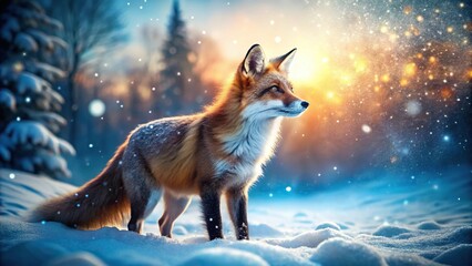 Obraz premium Graceful winter fox navigating snowy landscape with intricate fur details and magical illumination close-up
