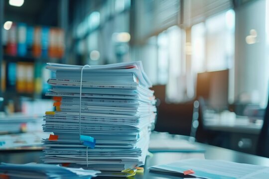 Collection of business analytics charts and graphs stacked on each other on paper on desk in office