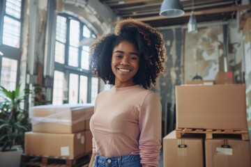 Happy young black female Handling shipping and logistics in startup company office