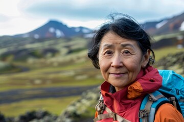 Portrait of a middle aged adult woman hiking in Volcanic Landscapes in Iceland