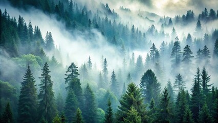 Gradient natural mountain background of forest and tall fir trees in thick fog during rain Forced Perspective