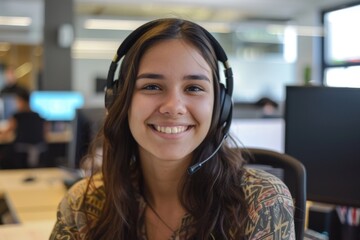 Portrait of a smiling young hispanic female IT support worker in startup company office