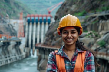 Portrait of a smiling young Indian female engineer at hydroelectric plant